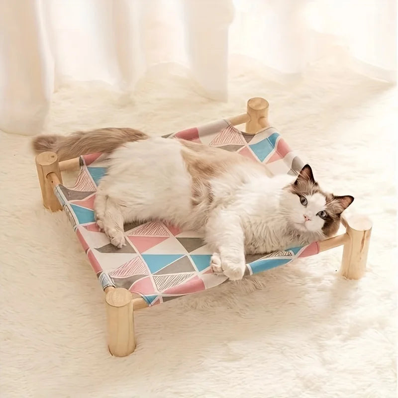 Elevated Pet Bed: Wooden Portable Cooling Hammock With Detachable Stand - Perfect For Cats & Dogs!